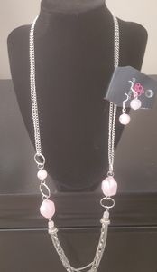 Silver & Pink Long Necklace w/ Matching Earrings